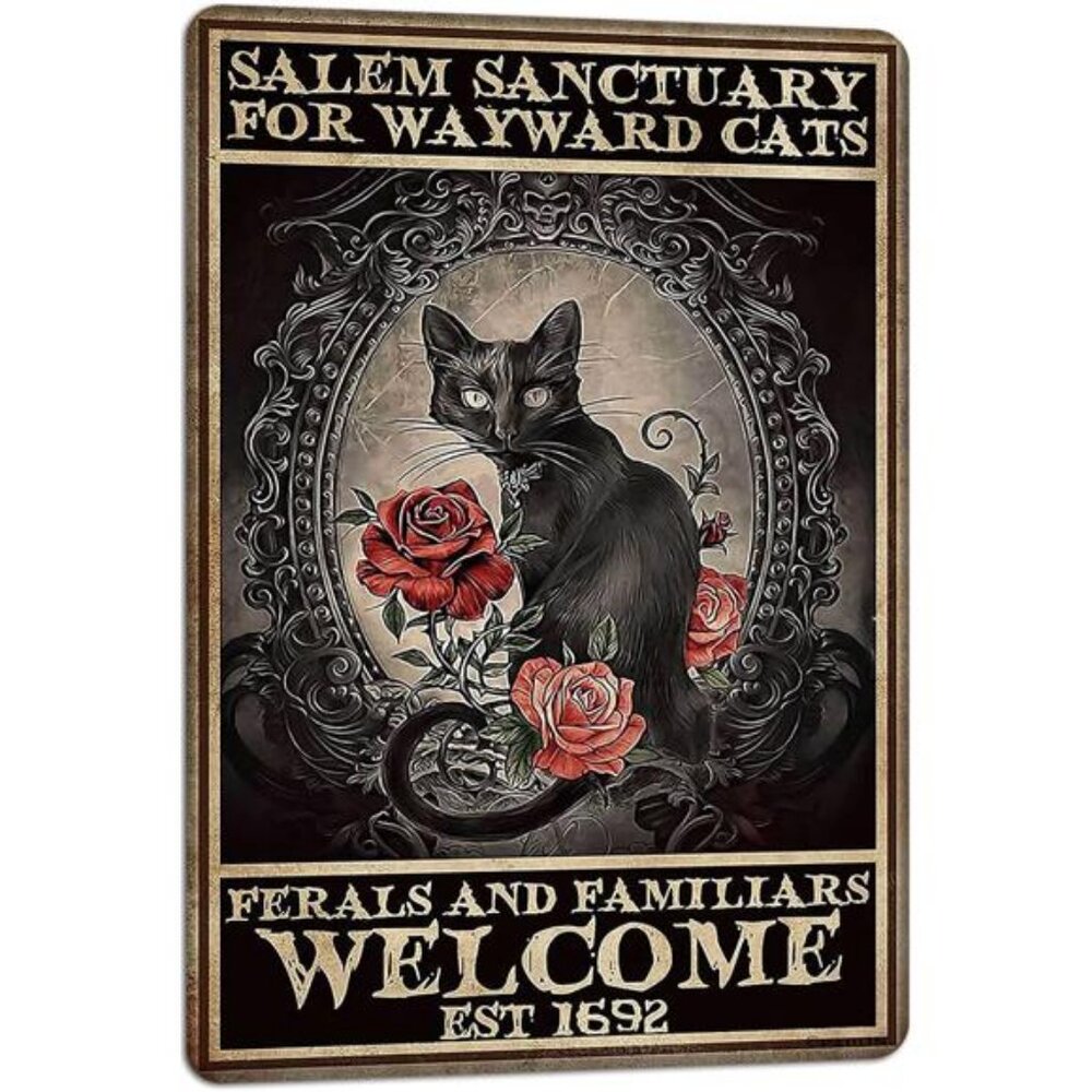 Salem Sanctuary For Wayward Halloween Black Cat Decor Metal Signs 8x12 Inches